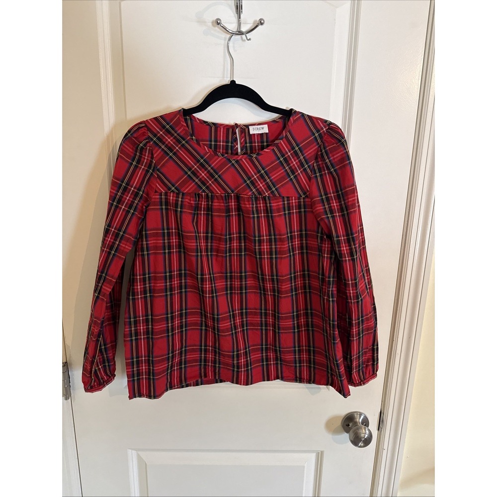 J. CREW Women's Tartan Red Holiday Plaid Cotton Poplin Blouse Top Small